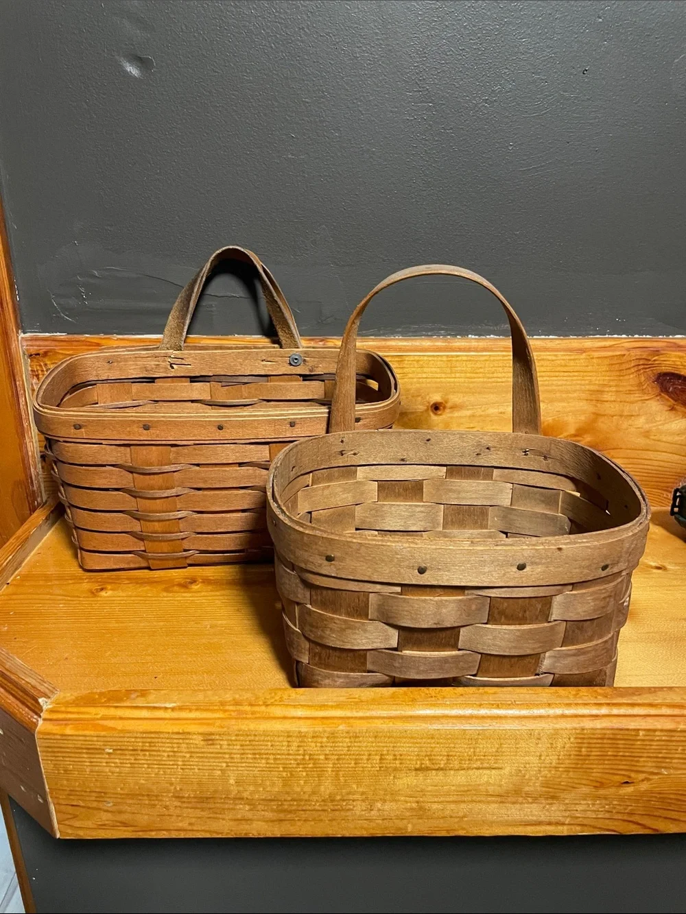 Handwoven Vintage Cottagecore Brown Wooden Storage Baskets with Handles